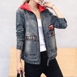 Mock Two-piece Lettering Denim Zip Jacket