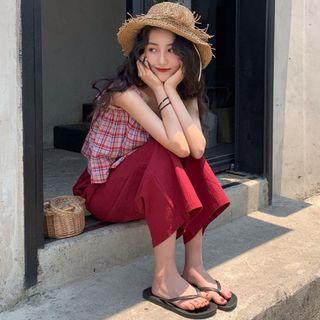 Plaid Top / Linen Wide-leg Pants