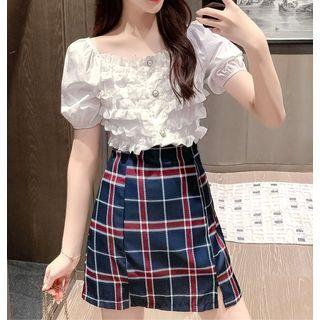 Set: Short-sleeve Plain Blouse + Plaid Mini Skirt