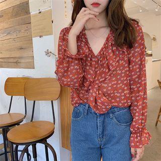 Floral Print Ruffle Chiffon Long-sleeve Blouse Red - One Size