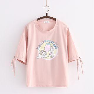 Bow Sleeve Rabbit Print Tee