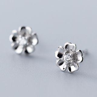 925 Sterling Silver Rhinestone Flower Earring 1 Pair - 925 Sterling Silver Earring - One Size
