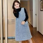 Set: Mock-neck Long-sleeve Knit Top + Knitted Pinafore Dress