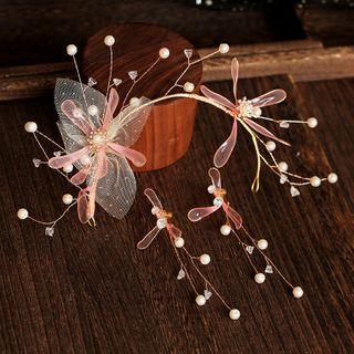 Wedding Set: Faux Pearl & Flower Headband + Fringed Earring Set - Headband & 1 Pair Clip On Earrings - One Size