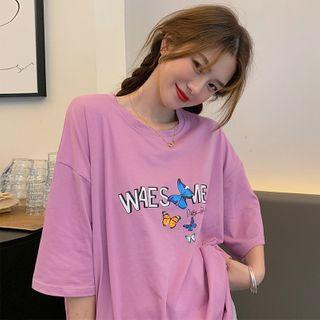 Butterfly Print Lettering Elbow-sleeve T-shirt