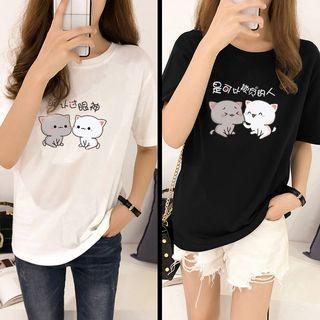 Couple Matching Short-sleeve Cartoon Cat Printed T-shirt