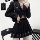 Cropped One-button Blazer / Cross Pleated Mini A-line Skirt