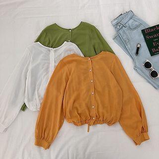Plain Drawcord Long-sleeve Blouse