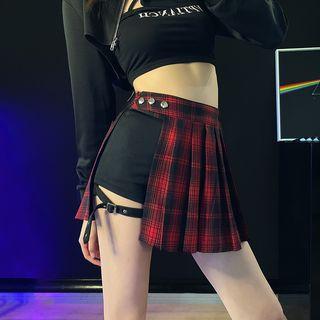Mock Two-piece Checker Mini Skirt With Thigh-ring