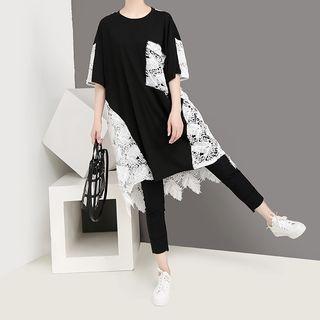 Elbow-sleeve Lace Paneled Dress Black - One Size