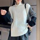 Turtleneck Houndstooth Panel Cable Knit Sweater