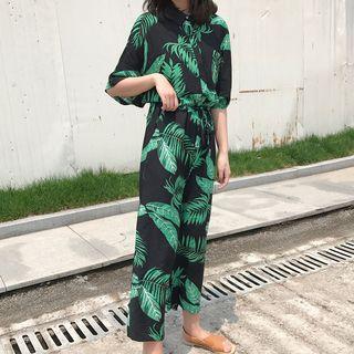 Leaf Print Elbow-sleeve Jumpsuit
