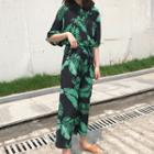 Leaf Print Elbow-sleeve Jumpsuit
