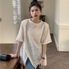 Elbow-sleeve Ruched Slited T-shirt