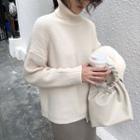 Plain Furry Vest / Plain Turtleneck Long-sleeve Sweater / Plain Knit Skirt