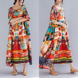Elbow-sleeve Print A-line Midi Dress As Shown In Figure - One Size
