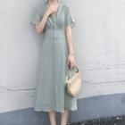 Short-sleeve Buttoned A-line Midi Chiffon Dress