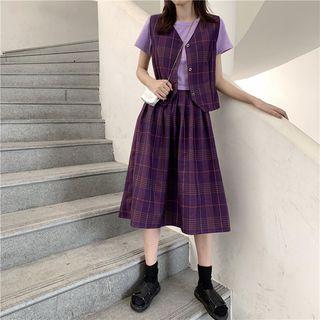 Plaid Vest / Midi Plaid A-line Skirt