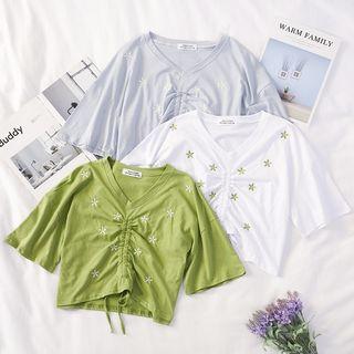 Flower Embroidered Drawstring Short-sleeve Crop Top