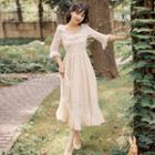 3/4-sleeve Lace Frill Trim Midi A-line Dress