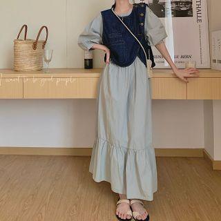 Elbow-sleeve Plain Maxi Dress / Denim Button-up Vest