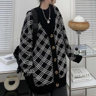 V-neck Plaid Cardigan Plaid - Black - One Size