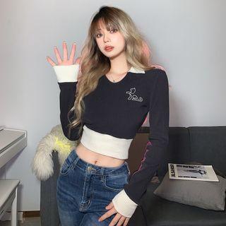 Contrast Collar Embroidered Knit Crop Top