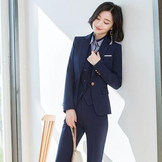 Contrast Trim Dress Shirt / Slim Fit Blazer / Dress Vest / Pencil Skirt / Dress Pants / Set