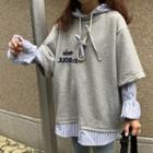 Mock Two-piece Striped Panel Embroidered Hoodie Gray - One Size