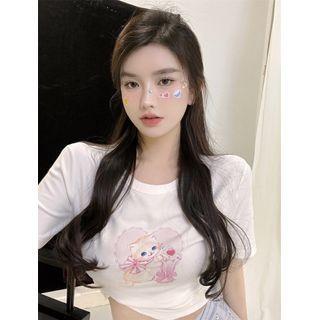 Short-sleeve Cat Print Crop T-shirt White - One Size