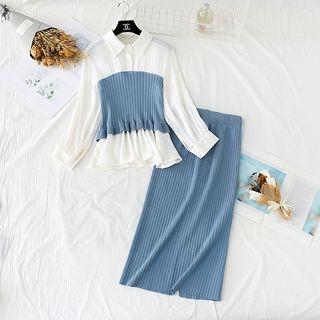 Set: Knit Panel Chiffon Top + Slit-back Knit Skirt
