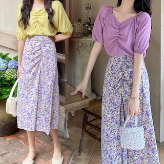 Puff Sleeve V-neck Top / Floral Print A-line Skirt
