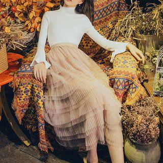 Set: Bell-sleeve Knit Top + Midi Mesh Layered Skirt