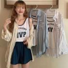 Set : Striped Long-sleeve Shirt + Lettering Camisole Top