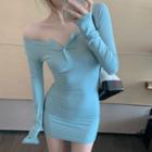 Long-sleeve Sheath Dress Aqua Blue - One Size
