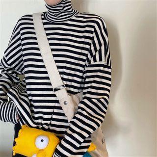 Mock-neck Striped Loose-fit Top Stripes - Black & White - One Size