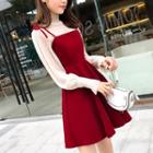 Set: Long-sleeve Mock-neck Top + Shoulder-tie A-line Dress