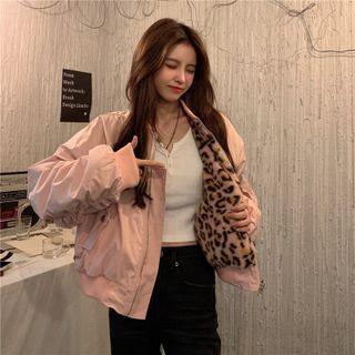 Reversible Leopard Print Fluffy Bomber Jacket