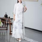 Dye Print Elbow-sleeve Qipao / Chiffon Maxi A-line Skirt