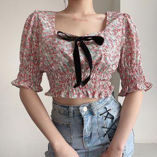 Puff Sleeve Square Neck Floral Print Ruffled Top