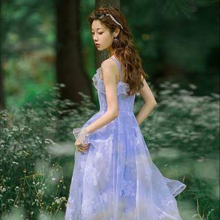 Spaghetti Strap Floral Print A-line Organza Dress