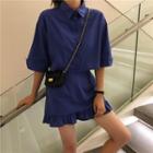 Cropped Elbow-sleeve Blouse / Ruffle Hem Skort