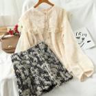 Set: Lace Trim Blouse + Fringed Trim Mini A-line Skirt