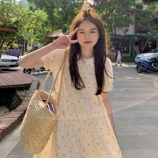 Puff-sleeve Floral Print Midi A-line Dress Beige - One Size