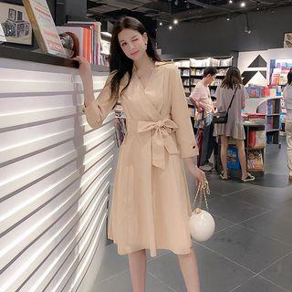 V-neck Lace-up 3/4-sleeve Dress