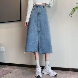 Asymmetrical Hem Denim Midi A-line Skirt