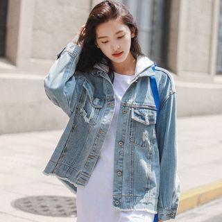Fray-hem Buttoned Hooded Denim Jacket