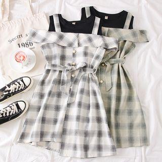 Patchwork Off-shoulder Plaid Mini Dress With Sash