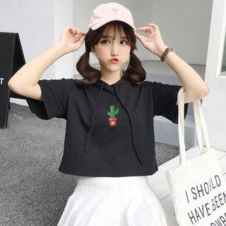 Cactus Embroidered Hooded Short-sleeve T-shirt