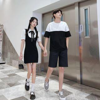 Couple Matching Two-tone Mini A-line Dress / T-shirt / Shorts / Set